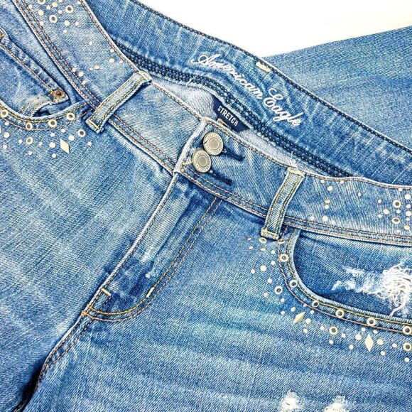 AEO Skinny Stretch Blue Jeans Studded Distressed Sz 10 - Picture 3 of 11